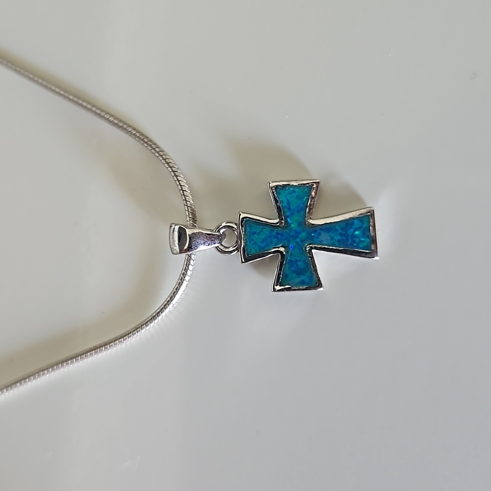 Sterling Silver Opal Cross Pendant And Chain